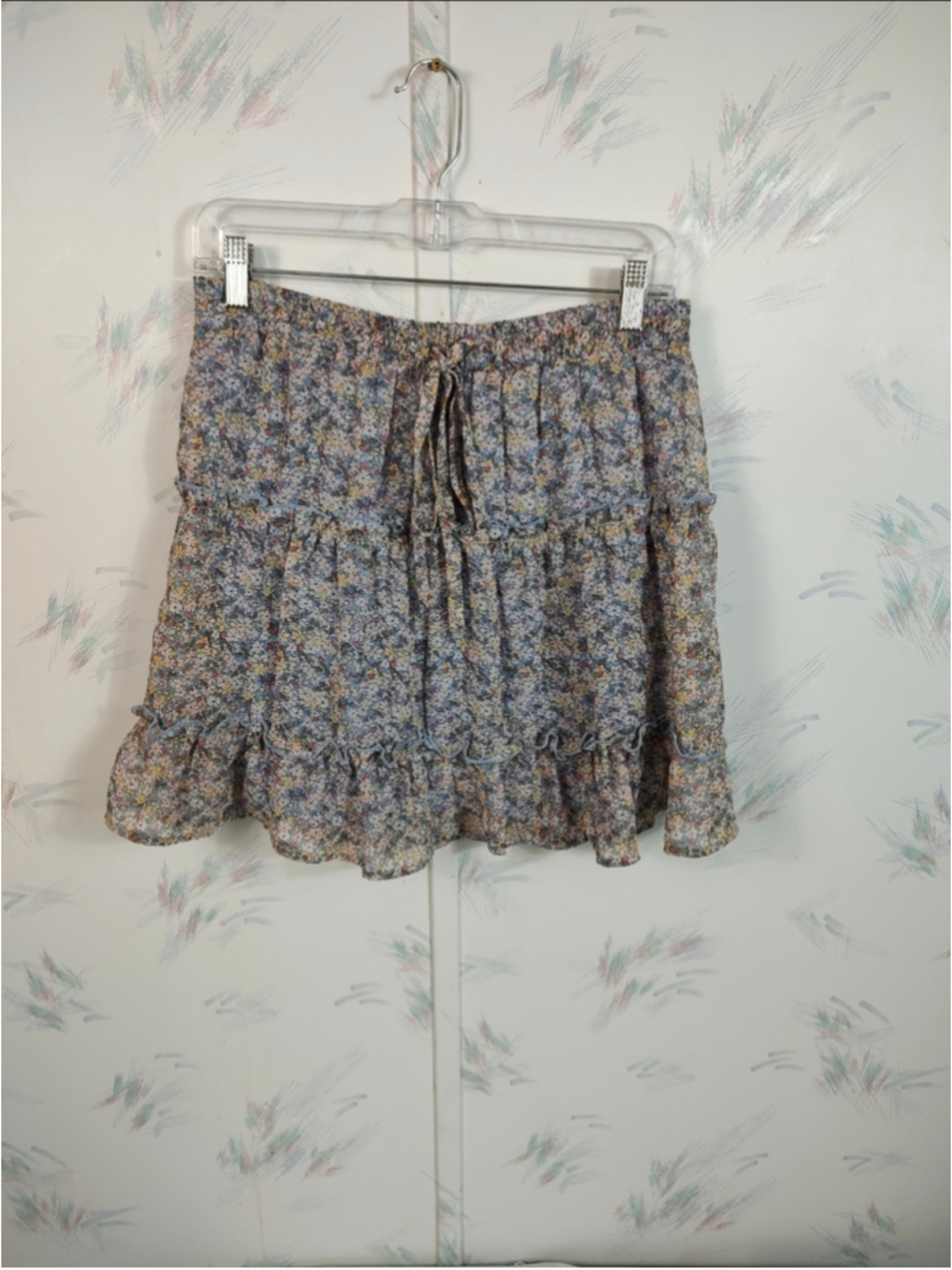 Women's Floral Mini Skirt, Blue and Yellow, Size Juniors Large